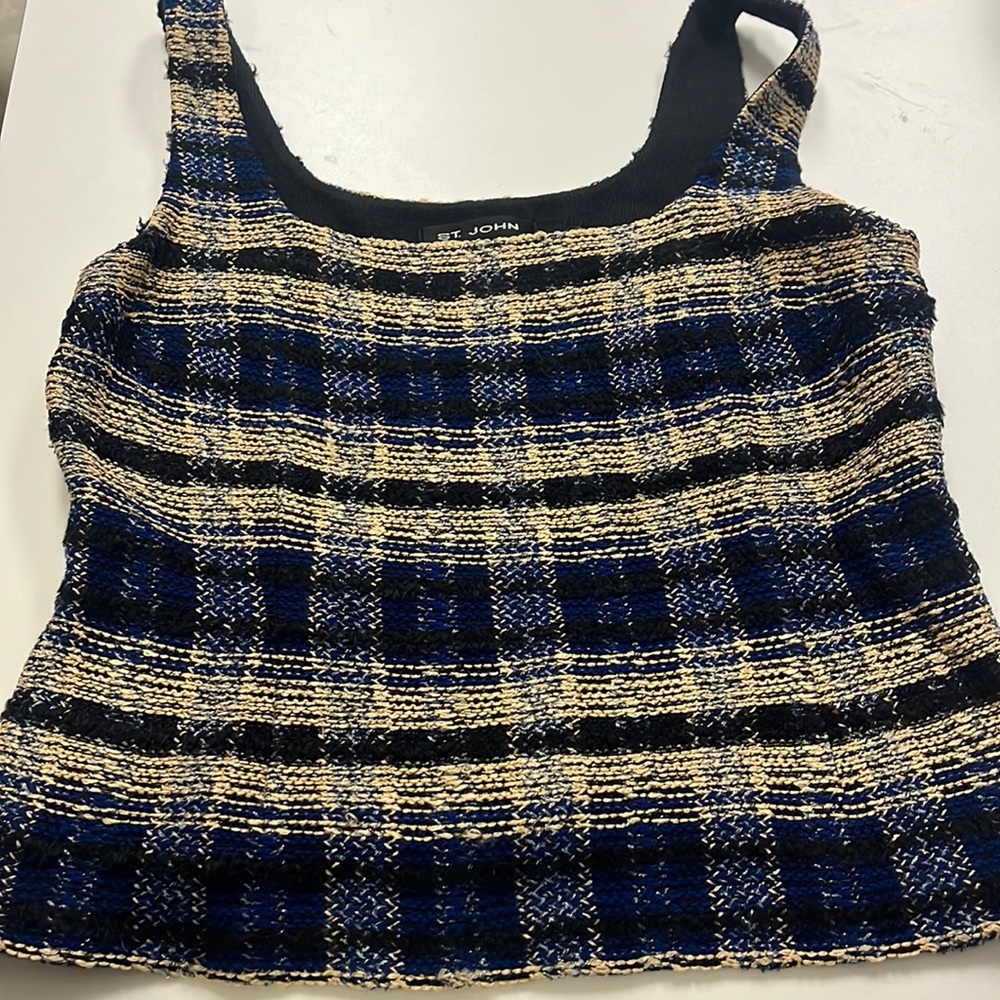 St John sleeveless black blue and beige top.